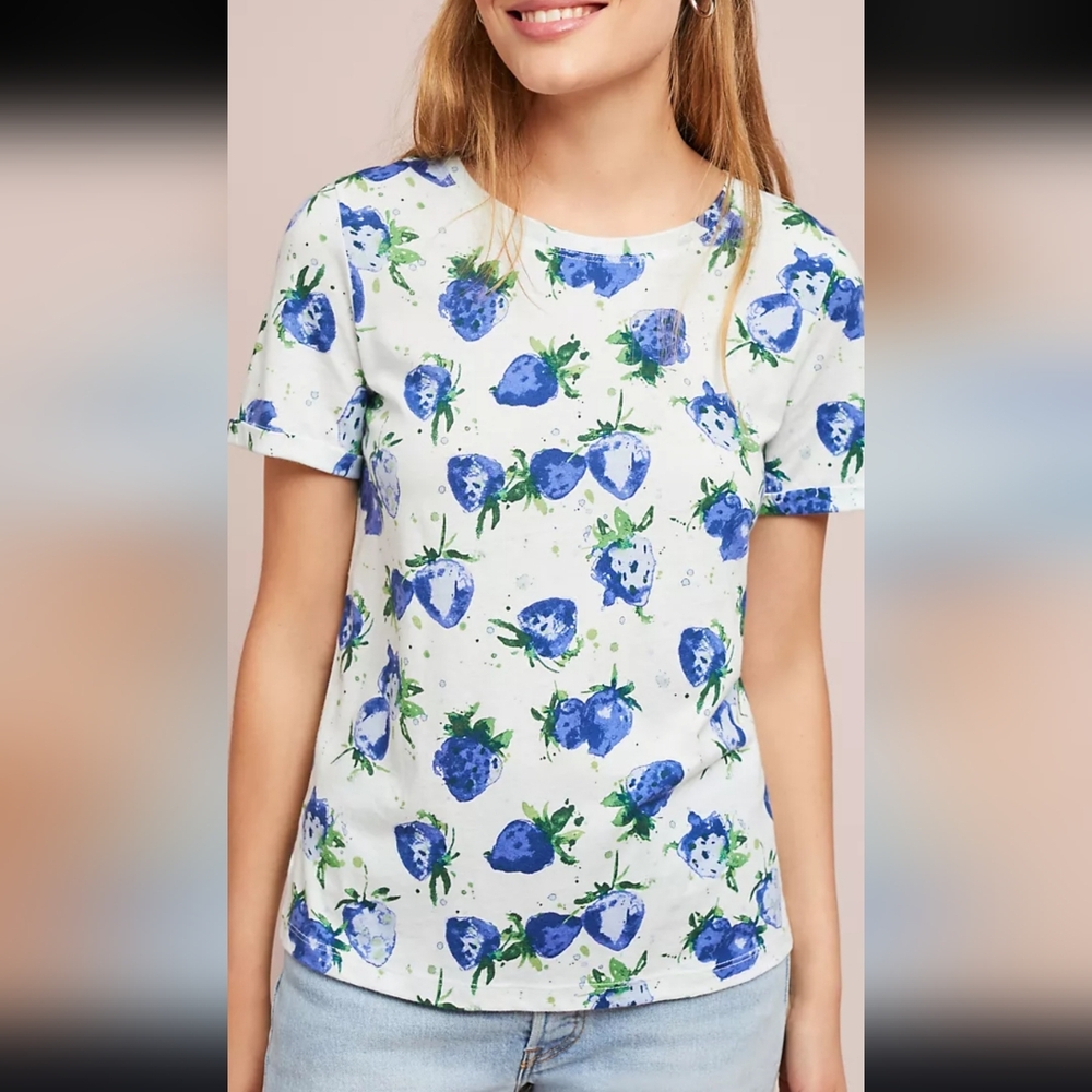Anthropologie Maeva Strawberry Fields Short Sleeve White Tee with Blue.